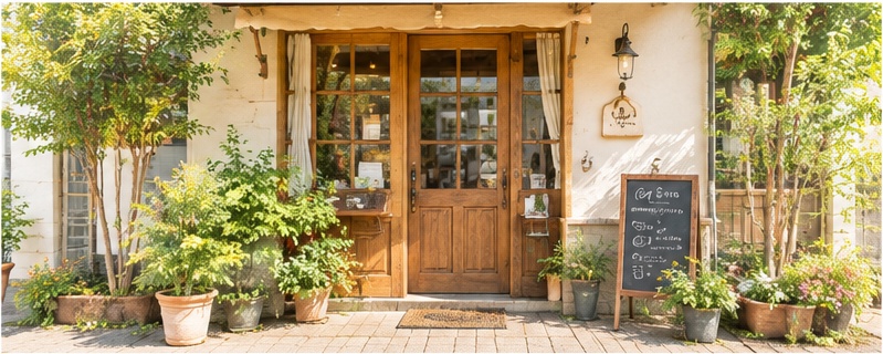 植物に囲まれたひだまり菓子店の外観